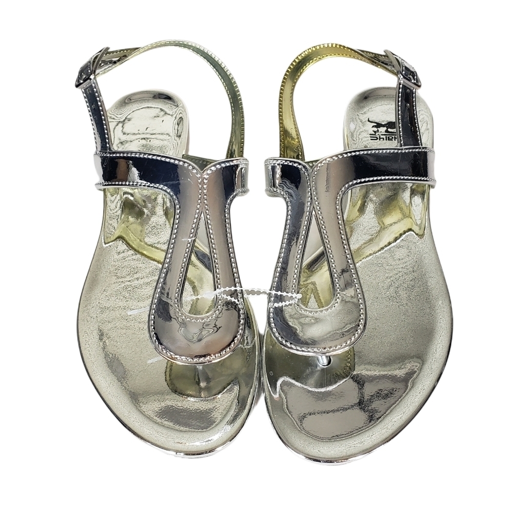 Silver Metallic Thong Sandals Women's Size 8.5 Mirrored T-Strap Buckle Closure